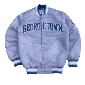 Vintage Starter Georgetown Hoyas Varsity Bomber Jacket Grey Navy Satin Snap Sz S